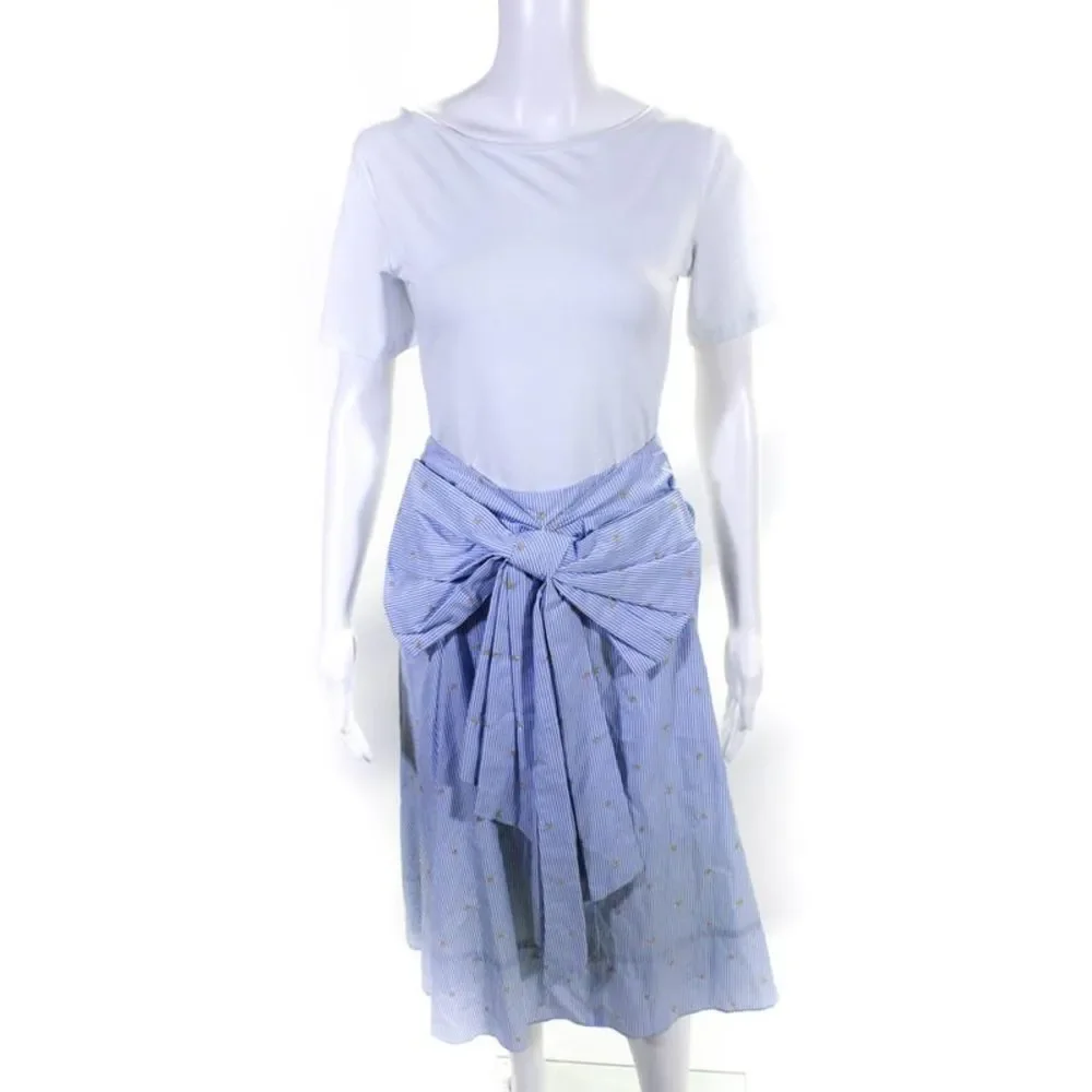 Badgley Mischka Womens Metallic Embroidered Stripe Bow Skirt Blue White Size 12
